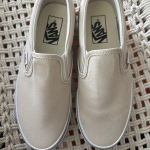 Worn once! Classic Vans Slip-On, size 6.5 color birch/true white